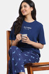 Zivame Avian Florals Woven Pyjama Set - Bellwether Blue — thumbnail 1